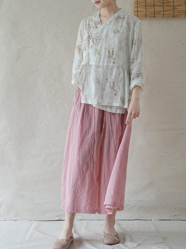 Women Retro Style Flower Drawstring Loose Shirt