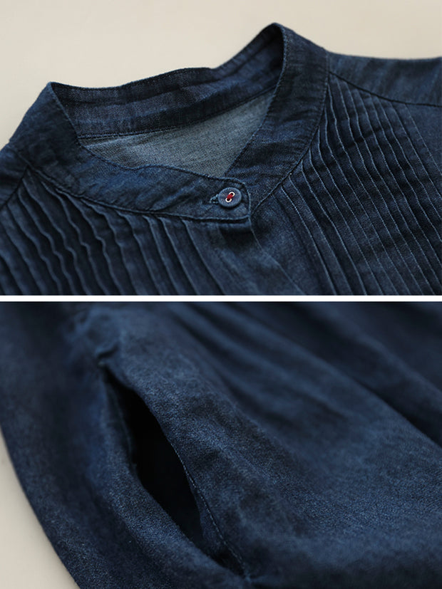 Women Vintage Solid Flod Loose Denim Dress