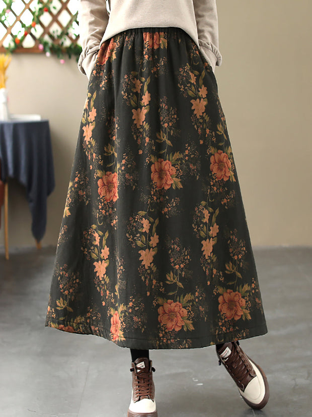Women Vintage Flower A-shape Cotton Skirt