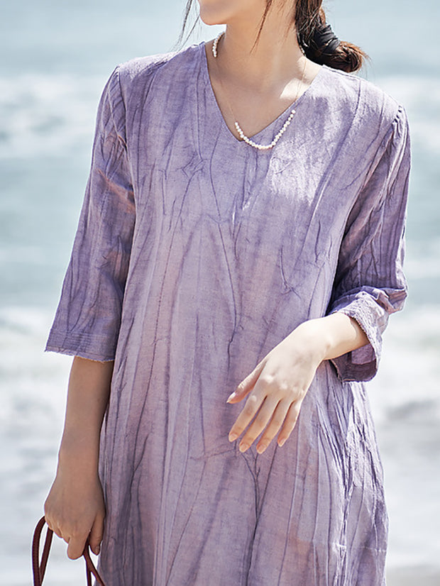 Women Casual Solid V-Neck Loose Linen Dress