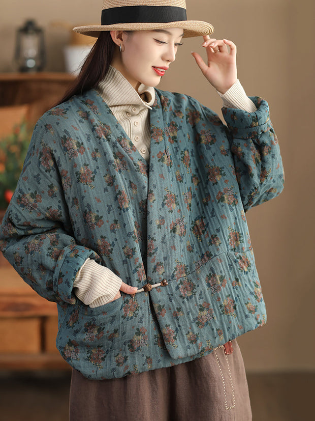Women Retro Floral V-neck Cotton Jacket