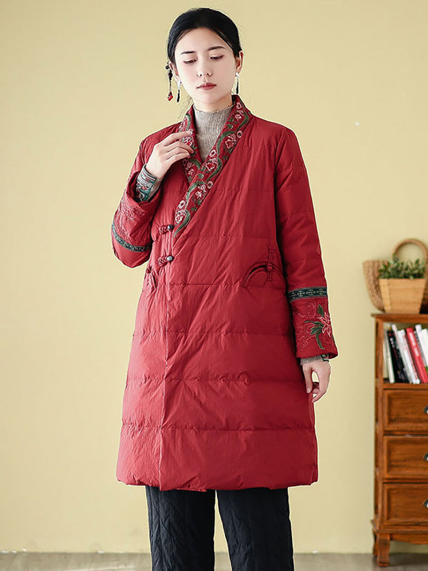 Women Winter Ethnic Embroidery Long Down Coat