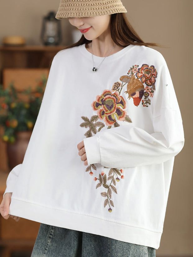 Women Vintage Spring Flower Embroidery O-Neck Shirt