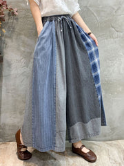 Women Spring Retro Stripe Plaid Spliced Wide-leg Pants