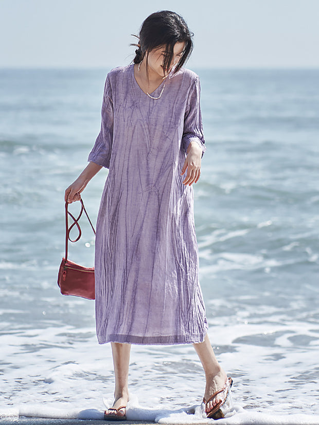 Women Casual Solid V-Neck Loose Linen Dress