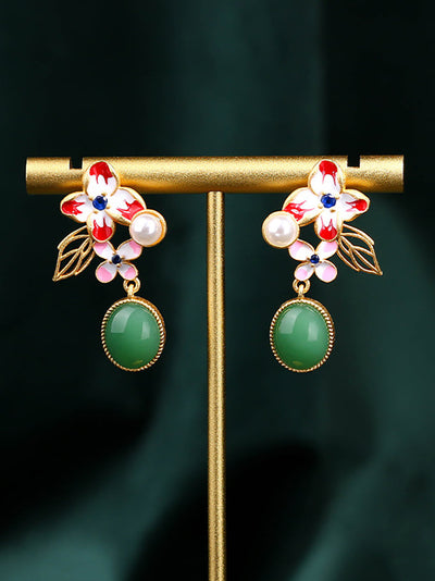Women Flower Enamel Green Jade Glod Plate Earrings