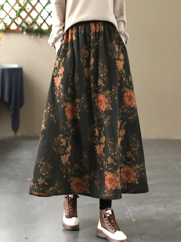 Women Vintage Flower A-shape Cotton Skirt
