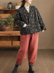 Women Retro Floral V-neck Cotton Jacket