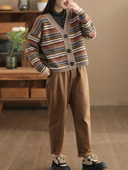 Women Vintage Colorful Stripe Jacqaurd Wool Sweater Coat