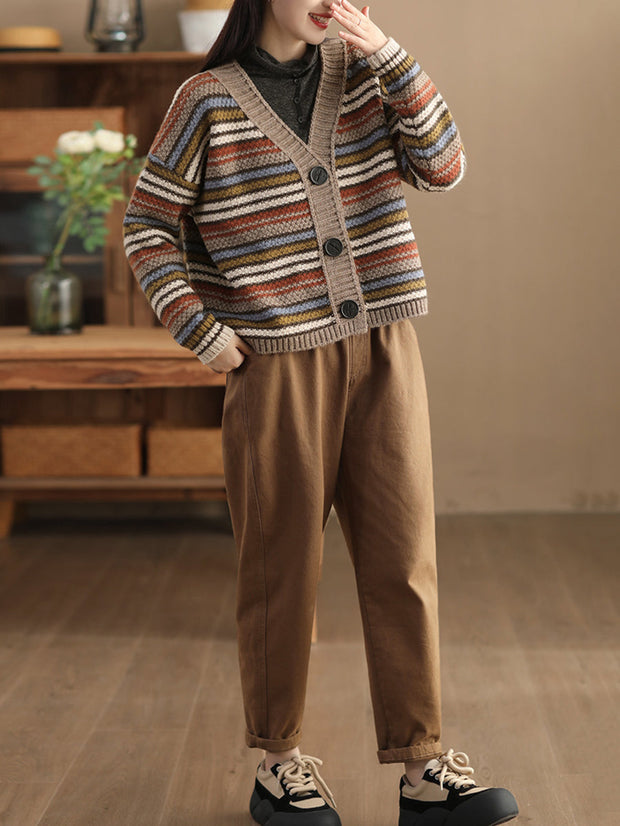 Women Vintage Colorful Stripe Jacqaurd Wool Sweater Coat