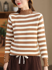 Women Casual Winter Stripe Knitted Lacework Sweater