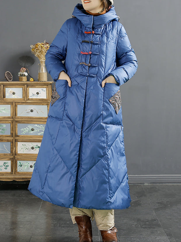 Women Ethnic Patch Spliced Long Hooded Down Coat