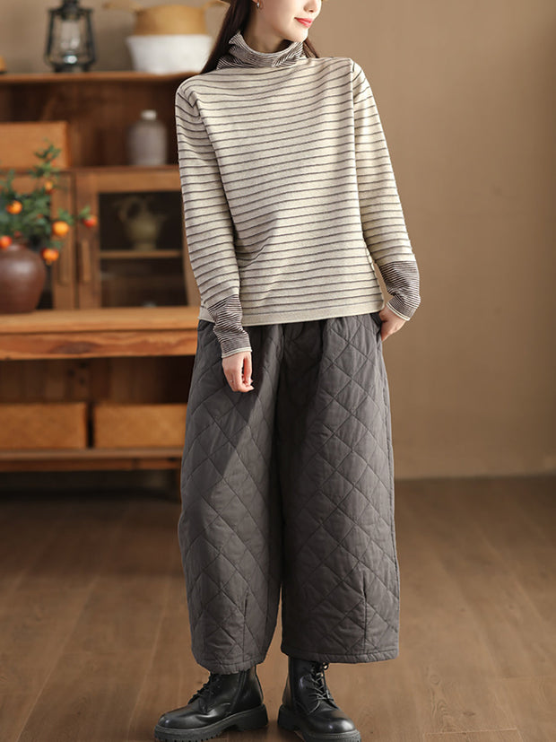 Women Casual Stripe Spliced Turtleneck Warm Sweatshirt