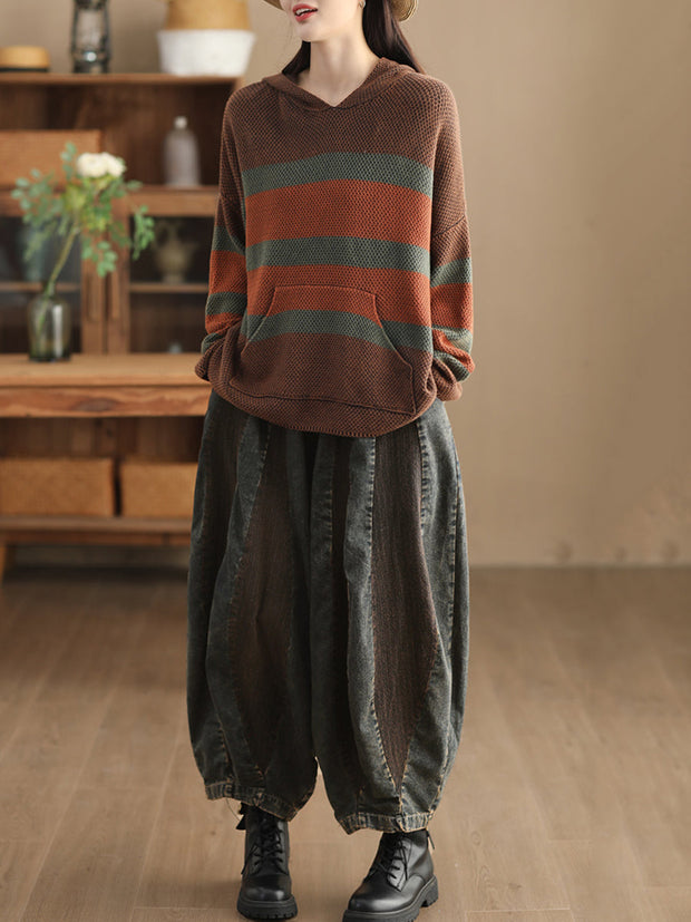 Women Vintage Spliced Knitted Pocket Hooded Sweater