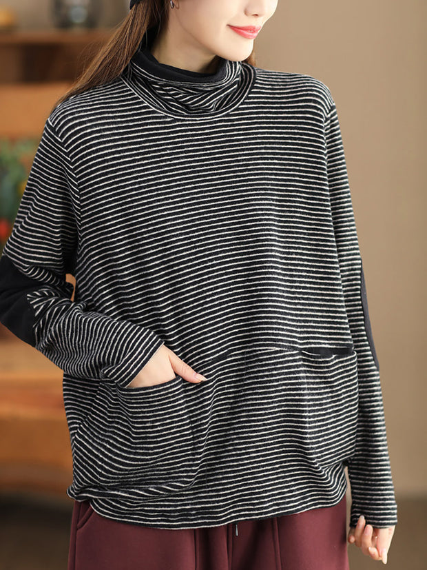 Plus Size Women Casual Stripe Turtleneck Sweatshirt