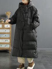 Women Vintage Solid Buckle Long Hooded Down Coat