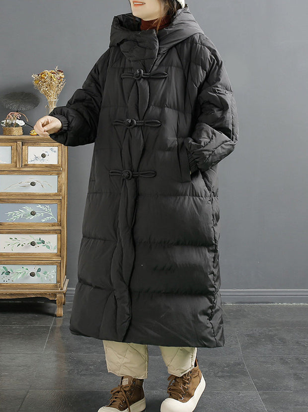Women Vintage Solid Buckle Long Hooded Down Coat