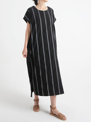 Stripe Cotton O Neck Summer Casual Loose Dress