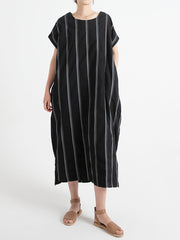 Stripe Cotton O Neck Summer Casual Loose Dress