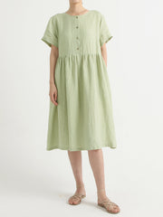 Casual Linen Pleated Short Sleeve Loose Dress