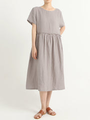 Casual Linen Pleated Short Sleeve Summer Dress
