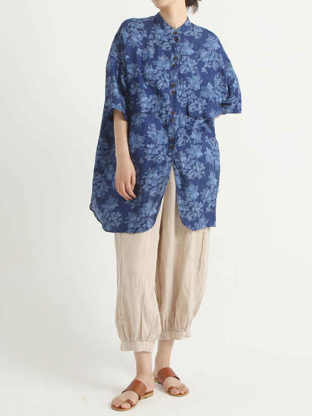 Linen Floral Irregular Single Breasted Women Loose Shirt