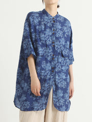 Linen Floral Irregular Single Breasted Women Loose Shirt