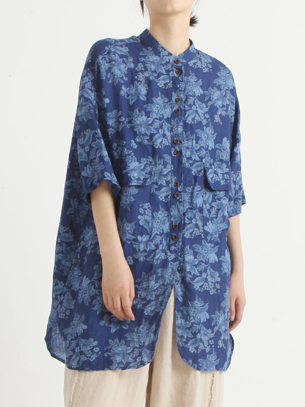 Linen Floral Irregular Single Breasted Women Loose Shirt