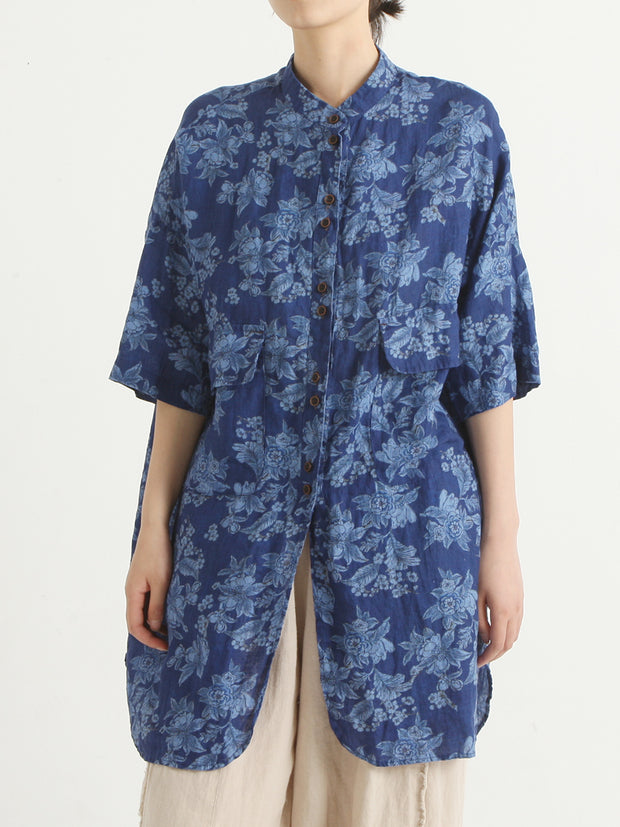 Linen Floral Irregular Single Breasted Women Loose Shirt