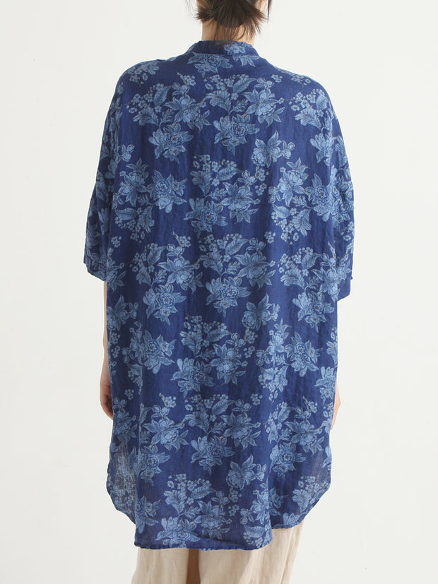 Linen Floral Irregular Single Breasted Women Loose Shirt