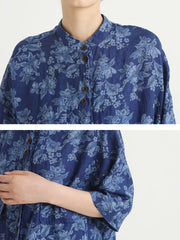 Linen Floral Irregular Single Breasted Women Loose Shirt