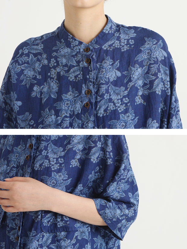 Linen Floral Irregular Single Breasted Women Loose Shirt