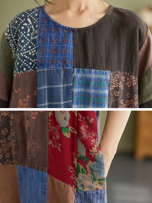 Drop Shoulder Plaid Vintage Patchwork Short Sleeve Summer Dress