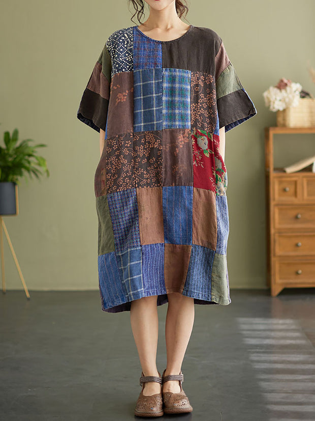 Drop Shoulder Plaid Vintage Patchwork Short Sleeve Summer Dress