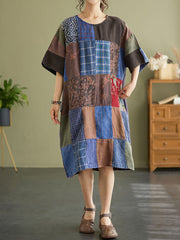 Drop Shoulder Plaid Vintage Patchwork Short Sleeve Summer Dress