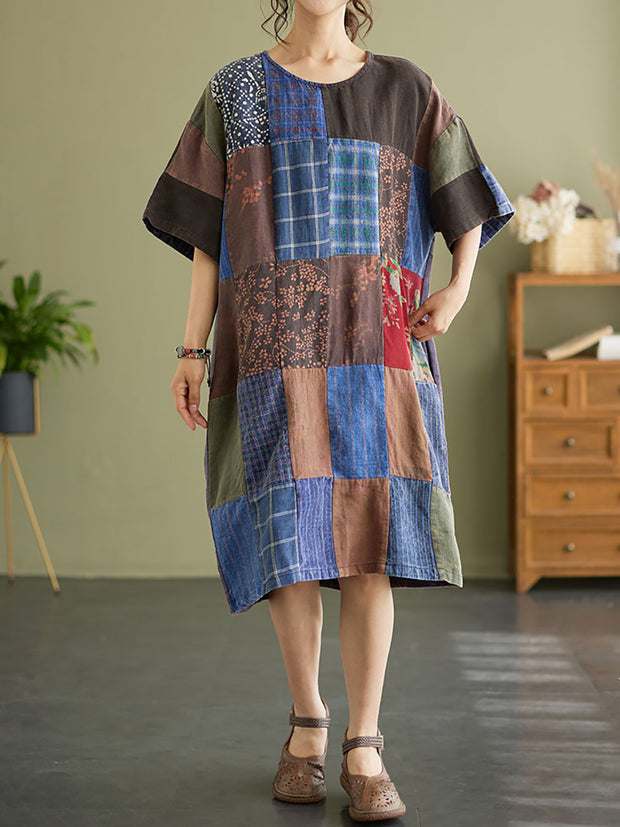 Drop Shoulder Plaid Vintage Patchwork Short Sleeve Summer Dress