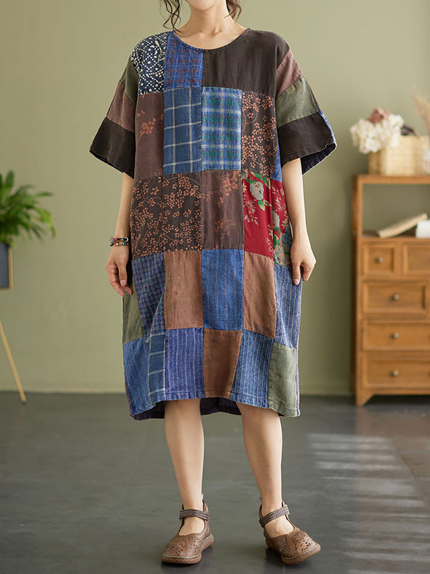 Drop Shoulder Plaid Vintage Patchwork Short Sleeve Summer Dress