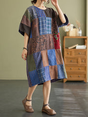 Drop Shoulder Plaid Vintage Patchwork Short Sleeve Summer Dress