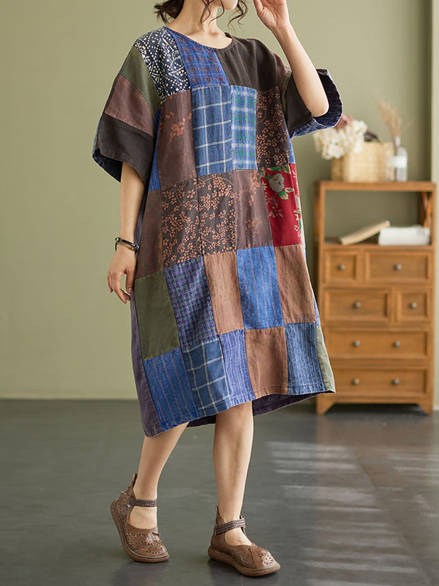 Drop Shoulder Plaid Vintage Patchwork Short Sleeve Summer Dress