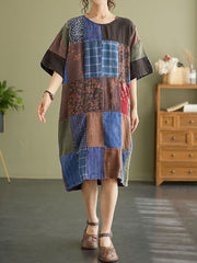 Drop Shoulder Plaid Vintage Patchwork Short Sleeve Summer Dress