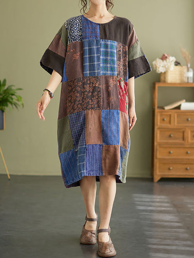 Drop Shoulder Plaid Vintage Patchwork Short Sleeve Summer Dress