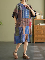 Drop Shoulder Plaid Vintage Patchwork Short Sleeve Summer Dress