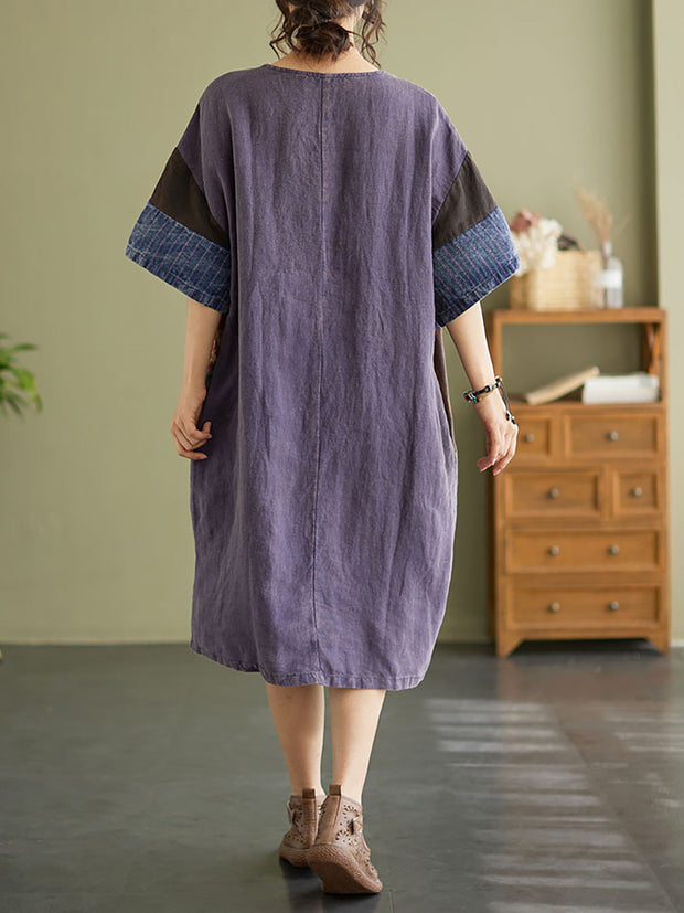 Drop Shoulder Plaid Vintage Patchwork Short Sleeve Summer Dress