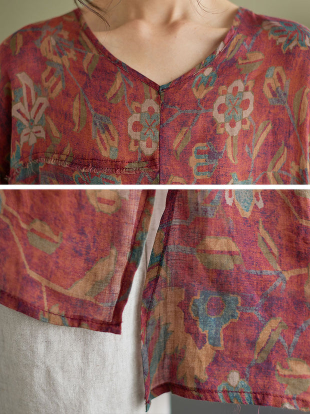 Floral Vintage Ramie Split Women Summer Shirt