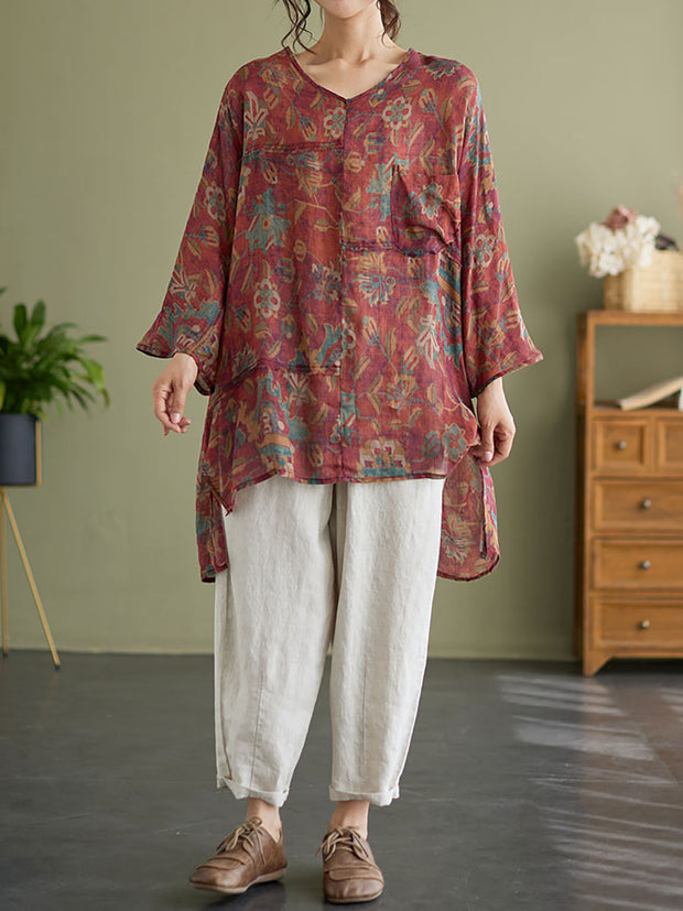 Floral Vintage Ramie Split Women Summer Shirt