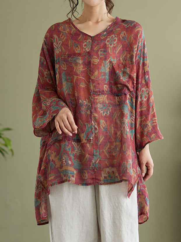 Floral Vintage Ramie Split Women Summer Shirt
