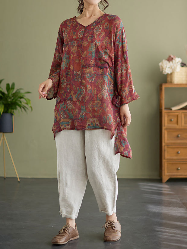 Floral Vintage Ramie Split Women Summer Shirt