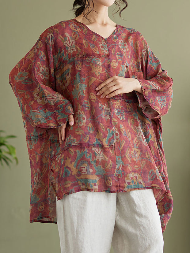 Floral Vintage Ramie Split Women Summer Shirt