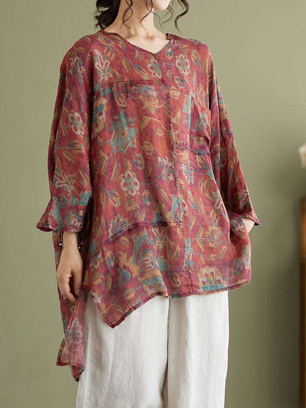 Floral Vintage Ramie Split Women Summer Shirt
