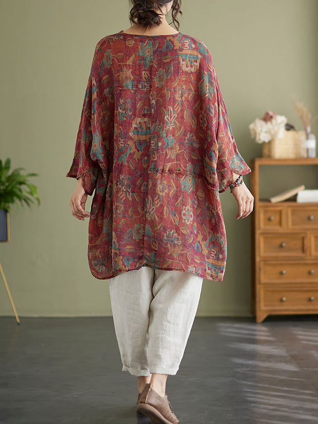 Floral Vintage Ramie Split Women Summer Shirt